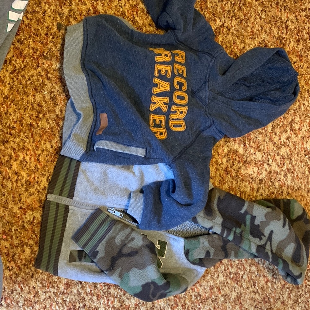 2 hooded sweatshirts camo one is 12 months record breaker  one 18months